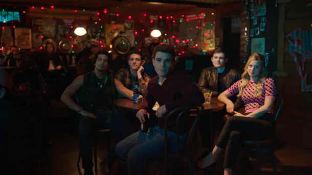 Drew Ray Tanner as Fangs Fogarty, Casey Cott as Kevin Keller, Chris Mason as Chad Gekko, Lili Reinhart as Betty Cooper and KJ Apa as Archie Andrews in The CW's 'Riverdale'