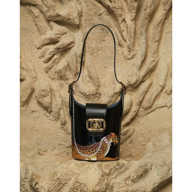 Leopard Print Patent Leather Swan Bucket Bag