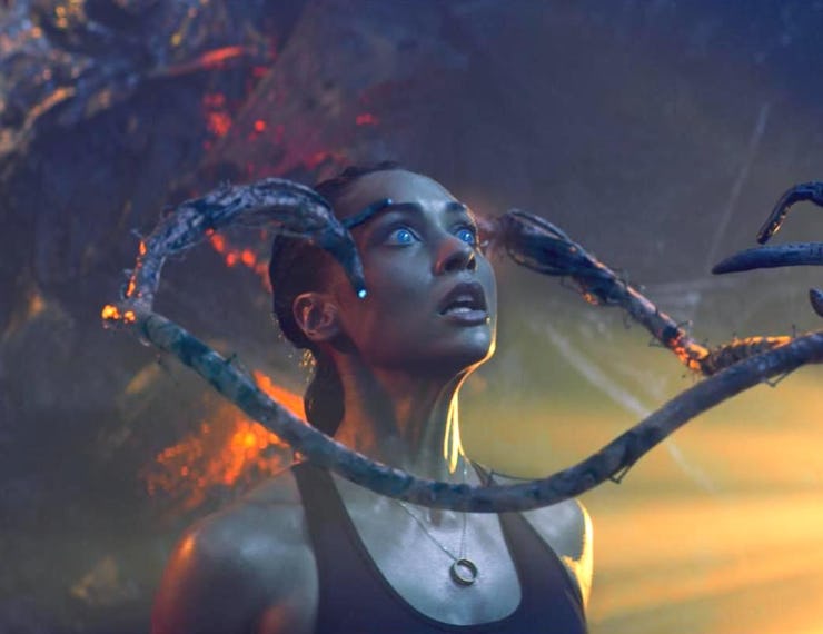skylines movie still of woman and alien