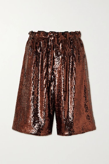Brown Sequined Crepe Shorts