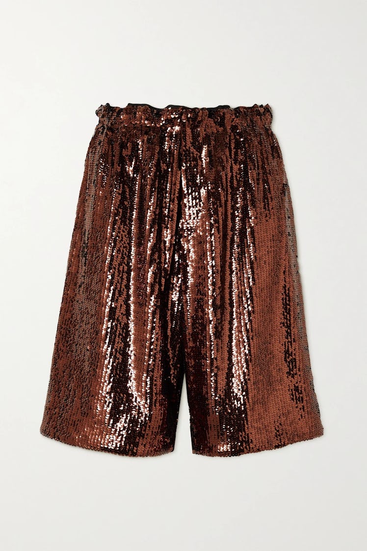 Brown Sequined Crepe Shorts