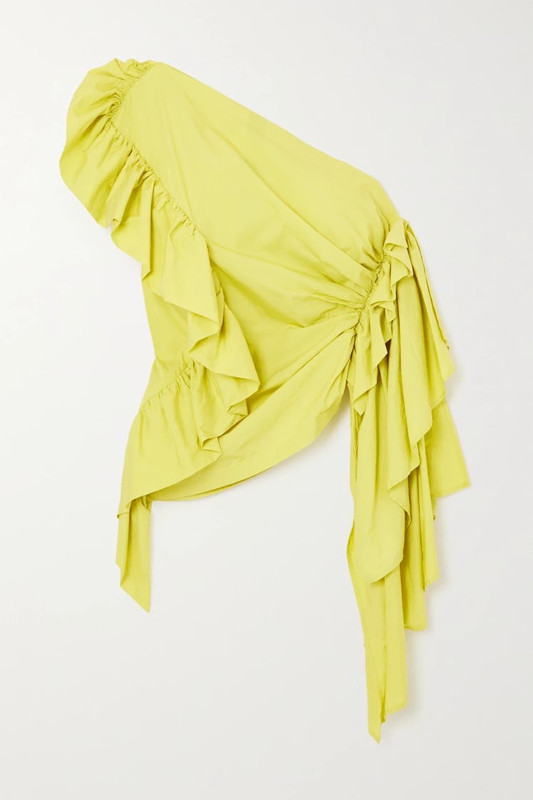 Lime Green One-Shoulder Ruffled Cotton-Blend Sateen Top