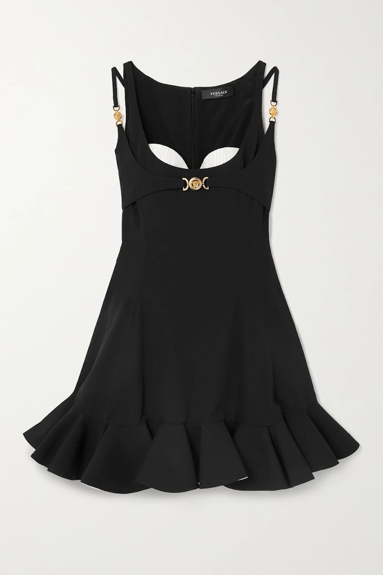 Black Ruffled Embellished Cady and Plissé Mini Dress 