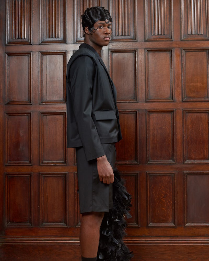 Model from Bianca Saunders' Spring 2021 menswear collection.