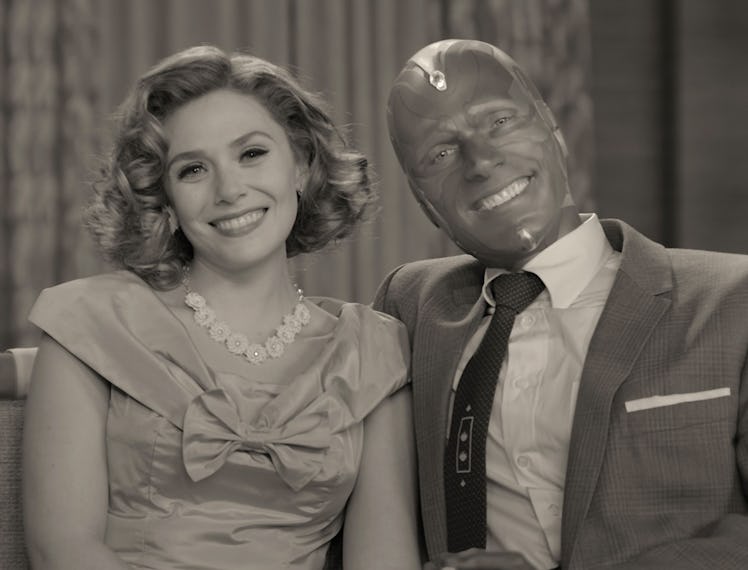 Wanda and Vision in black and white.