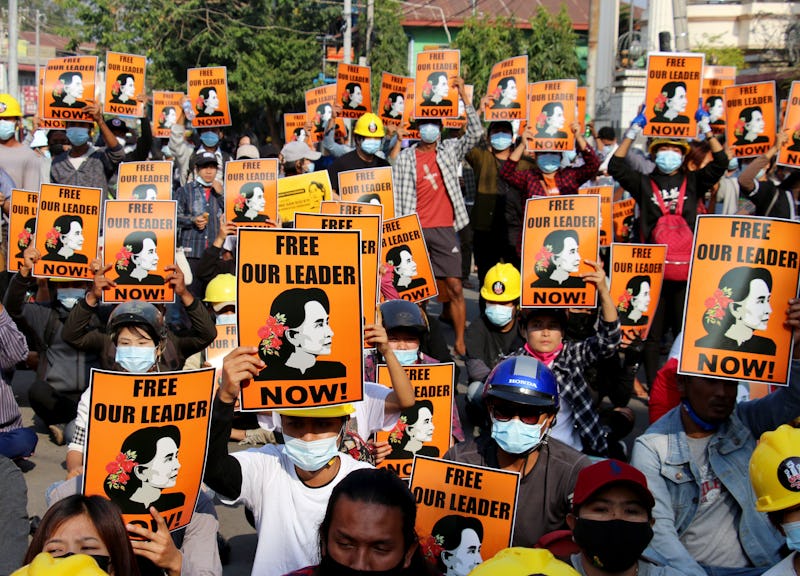A demonstration in Myanmar over the detainment of Aung San Suu Kyi