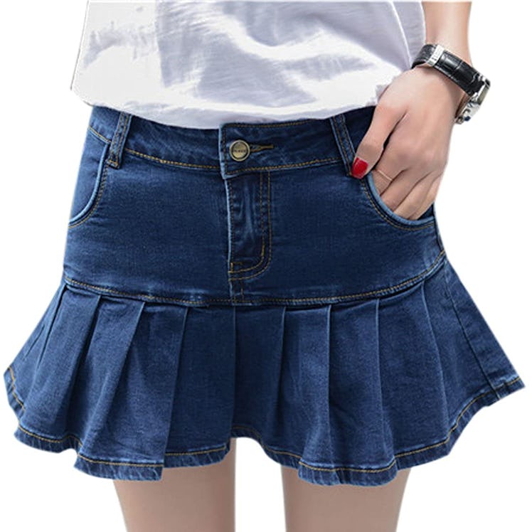 Yeokou Pleated Denim Mini Skirt