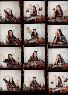 A twelve-part collage with portraits of Catherine Cohen in different poses