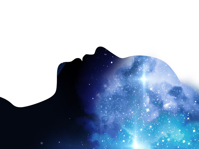 silhouette of virtual human with aura chakras on space nebula , represent meditation,yoga and deep s...