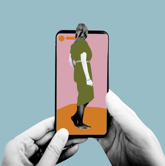 An illustration of two hands holding a phone with a picture of a woman turned away from the camera