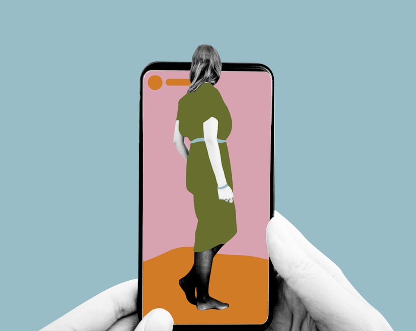 An illustration of two hands holding a phone with a picture of a woman turned away from the camera