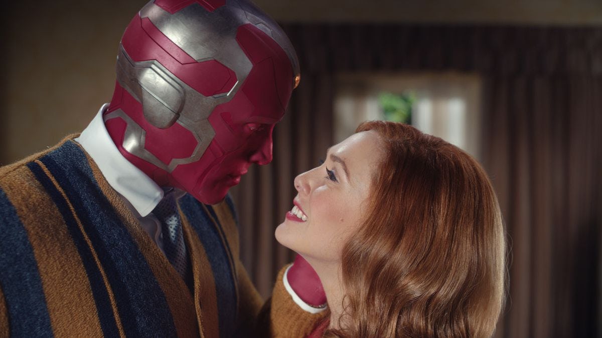 Vision (Paul Bettany) left and Wanda Maximoff (Elizabeth Olsen) right in "WandaVision"