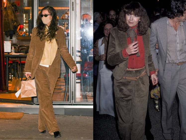 Collage of Bella and Diane Keaton in courdery suits