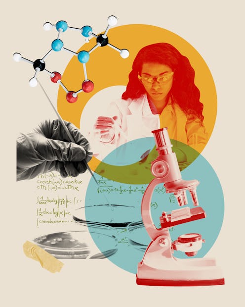 Collage of science, technology, economics, and math symbols