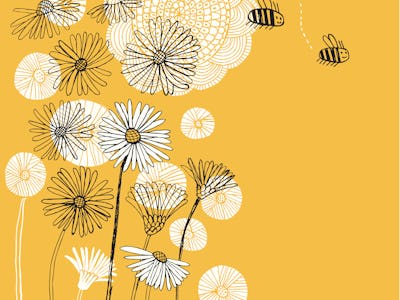 An illustration of bees around flowers. 