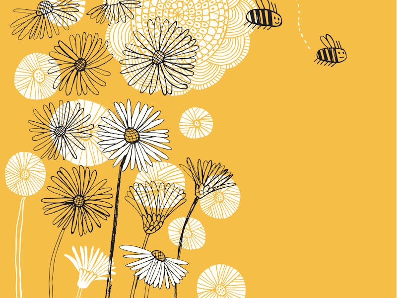 An illustration of bees around flowers. 