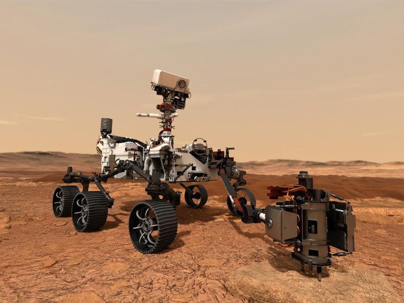 An illustration of the Perseverance rover on Mars. 
