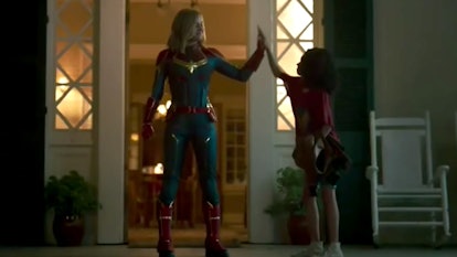 Brie Larson as Carol Danvers and Akira Akbar as young Monica Rambeau in Captain Marvel.