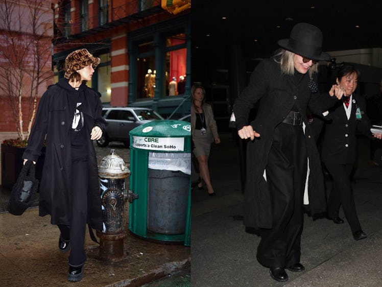 Collage of Bella and Diane wearing hats and black coats