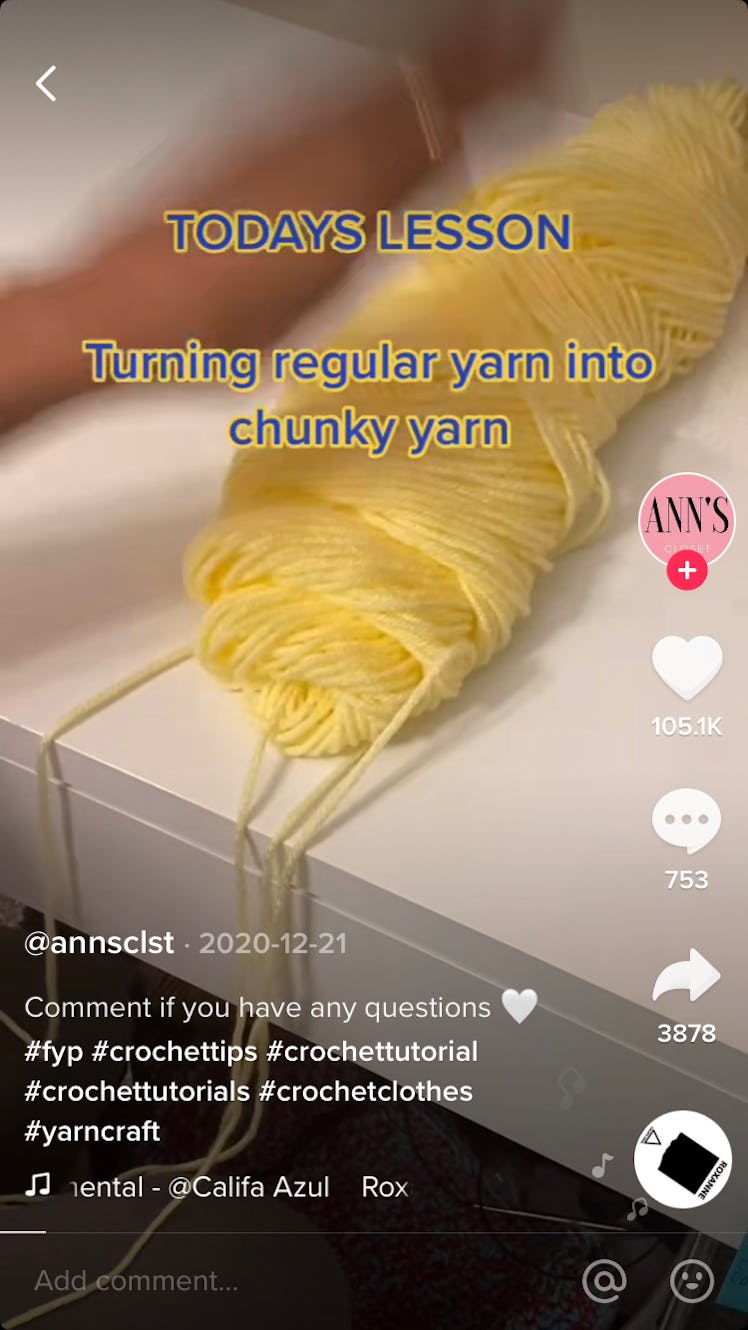 TikToker @annsclst demonstrates how to turn thin yarn into chunky material.