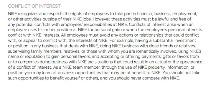 Nike sneaker reselling conflicts of interest, code of ethics.