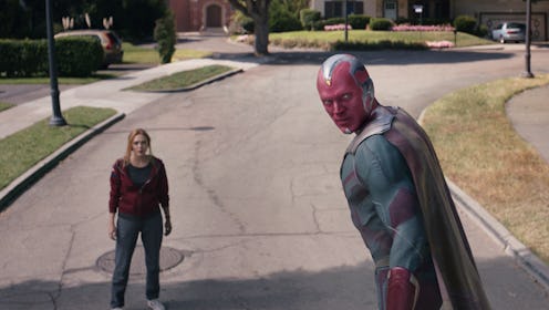 Wanda and Vision in the WandaVision Season 1 finale via the Disney+ press sute