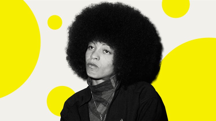 Activist Angela Davis, as a young woman, looks towards the camera with an impatient expression. Seen...