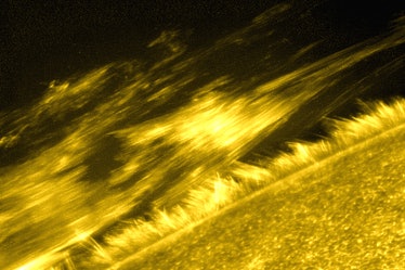 An image of a coronal mass ejection erupting from the surface of the Sun.