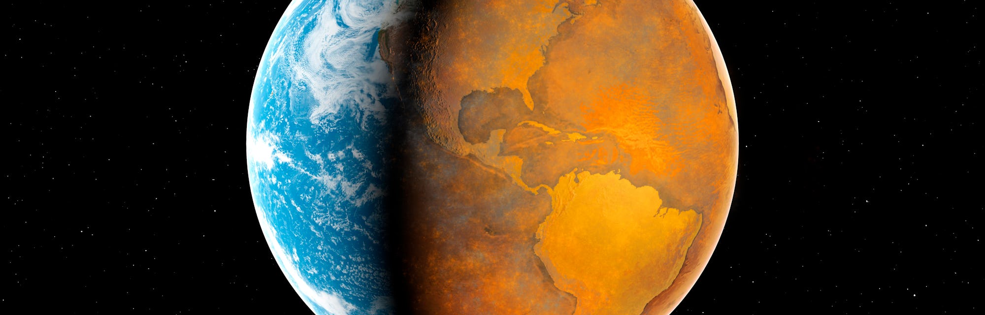 An illustration of Earth divided in half between oceans and an all barren eastern half of the Americas