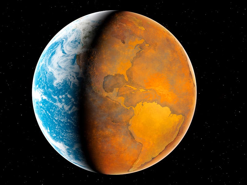 An illustration of Earth divided in half between oceans and an all barren eastern half of the Americ...