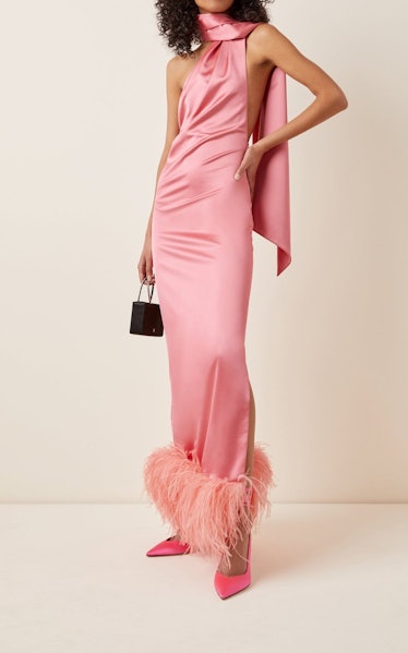 Feather-Trimmed Satin Tie-Neck Maxi Dress