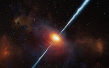 An illustration of the quasar with radio jets being emitted from its center.