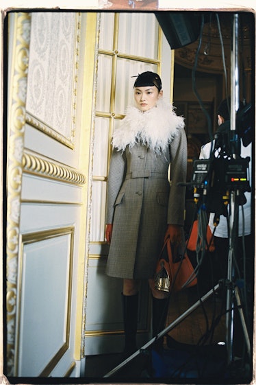 A model in a grey coat with white feathers on the collar by Lanvin 