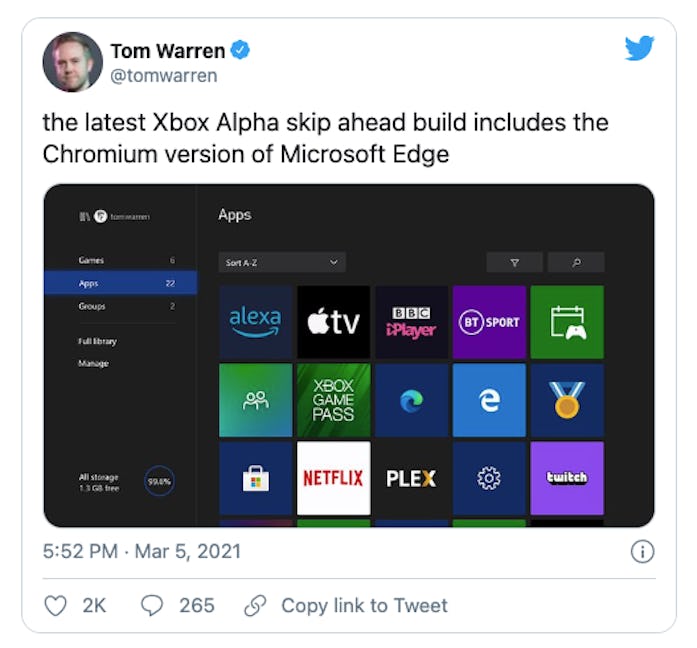 Microsoft's latest developer version of the Xbox operating system includes a new Edge browser using ...