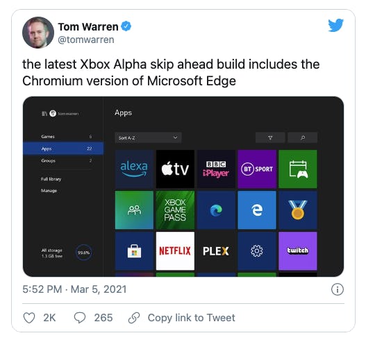 Microsoft's latest developer version of the Xbox operating system includes a new Edge browser using ...