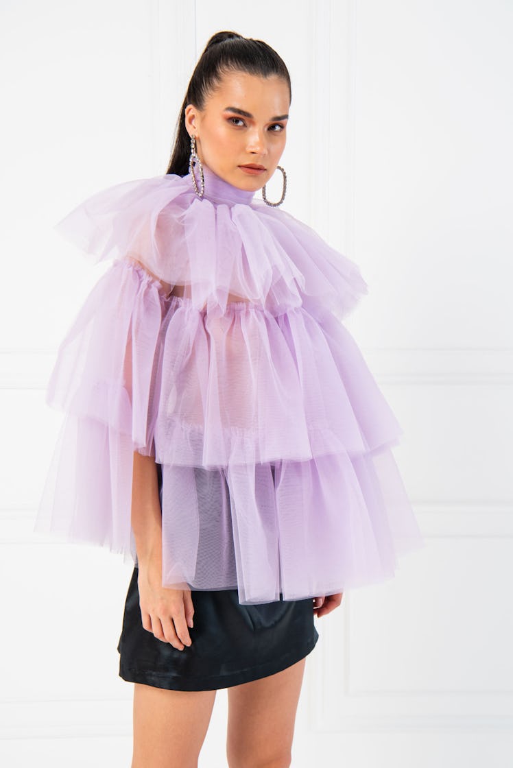 Open Back Ruffle Tulle Lilac Blouse