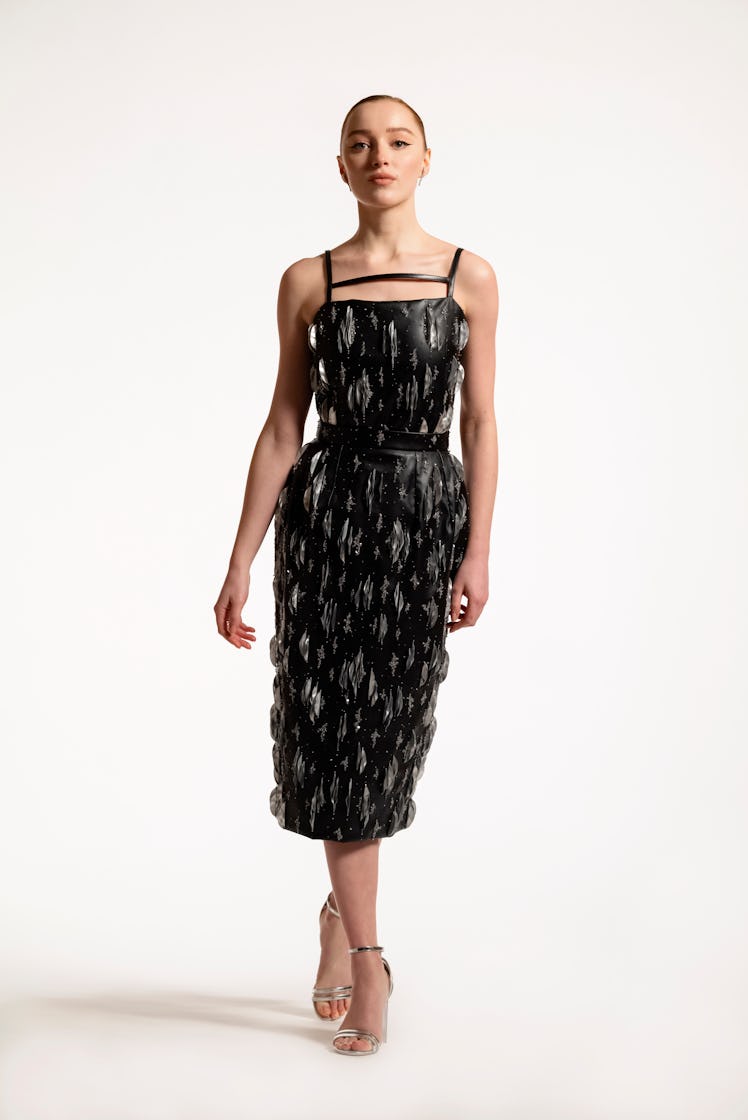 Phoebe Dynevor in a black Louis Vuitton dress