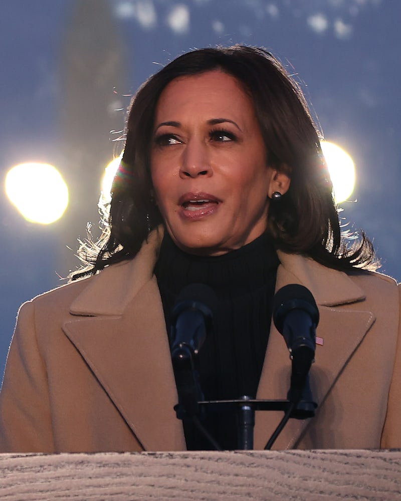 Kamala Harris delivers brief remarks during a memorial service to honor the victims of the coronavir...