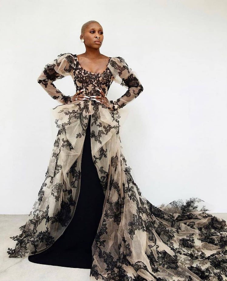 Cynthia Erivo in a white and black Vera Wang gown