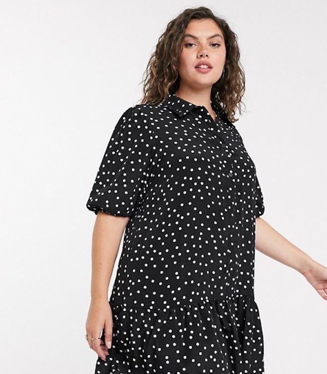 In The Style Plus x Jac Jossa Plus Size Drop Waist Shirt Dress with Puff Sleeve