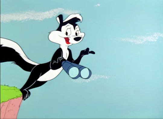 Pepé Le Pew holds a pair of binoculars while leaning off a cliff to look at a female skunk.