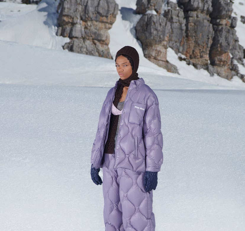 Model walks in Miu Miu's Fall/Winter 2021 runway show.