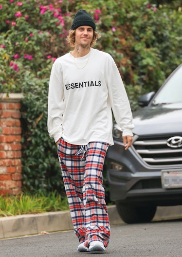 Justin Bieber wearing plaid PJ pants