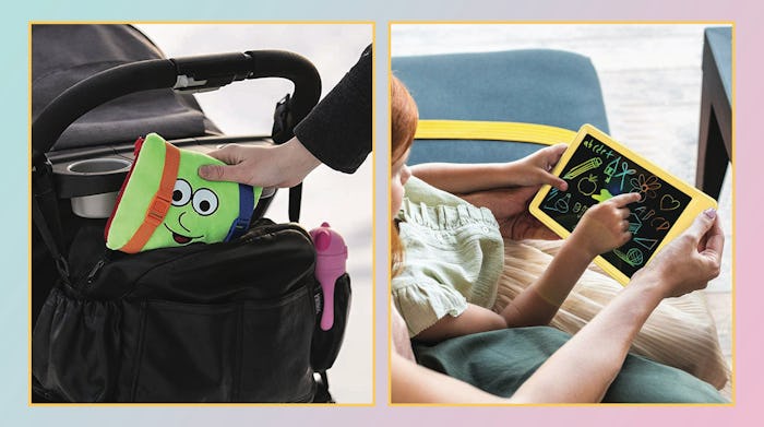 A collage with toddlers holding their travel toys