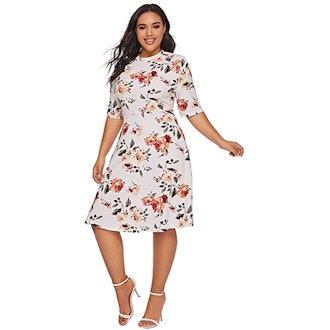 Romwe Plus Size Floral Print Fit And Flare Dress 