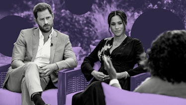 Prince Harry & Meghan Markle sit side by side in a garden, looking at Oprah, who has her back to the...