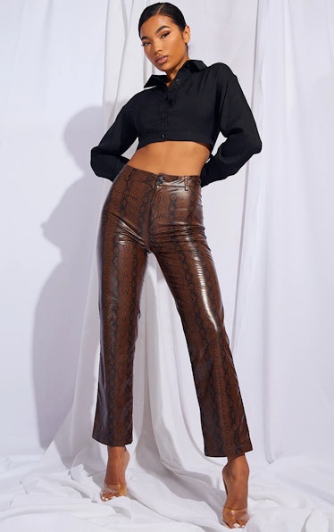PrettyLittleThing Brown Faux Leather Snake Print Cropped Straight Leg Pants