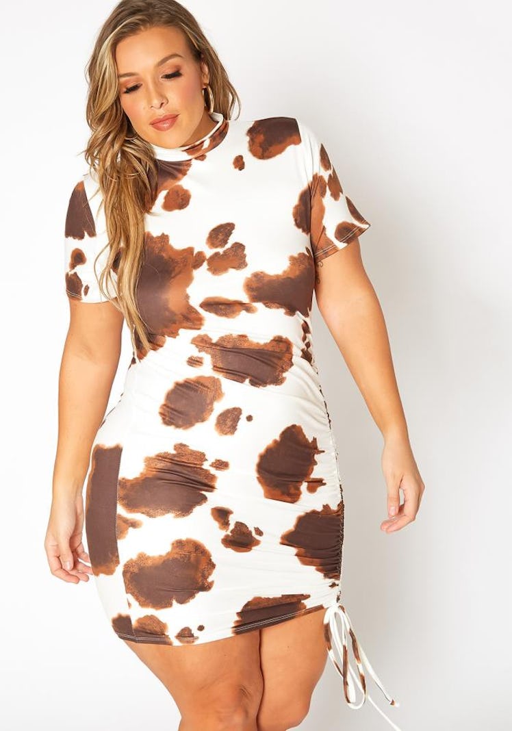 Asoph Plus Size Cow Print Drawstring Hem Bodycon Mini Dress