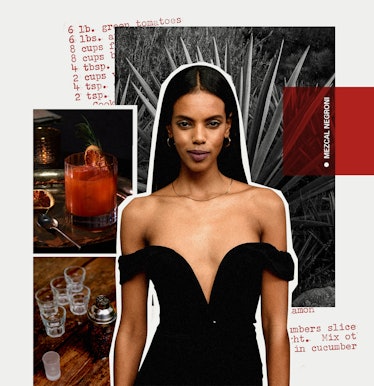 A collage with supermodel Grace Mahary in a black dress and her Mezcal Negroni cocktail