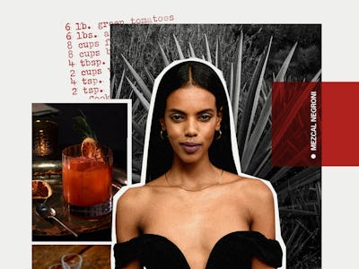 A collage with supermodel Grace Mahary in a black dress and her Mezcal Negroni cocktail